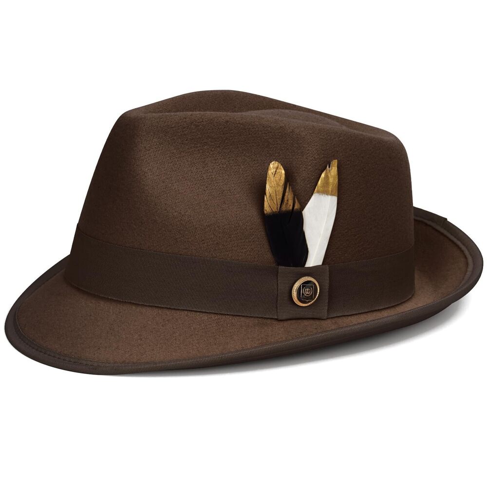 9898 Fedora Hats & Short Brim Felt Hat Trilby Fedora with Feather Panama